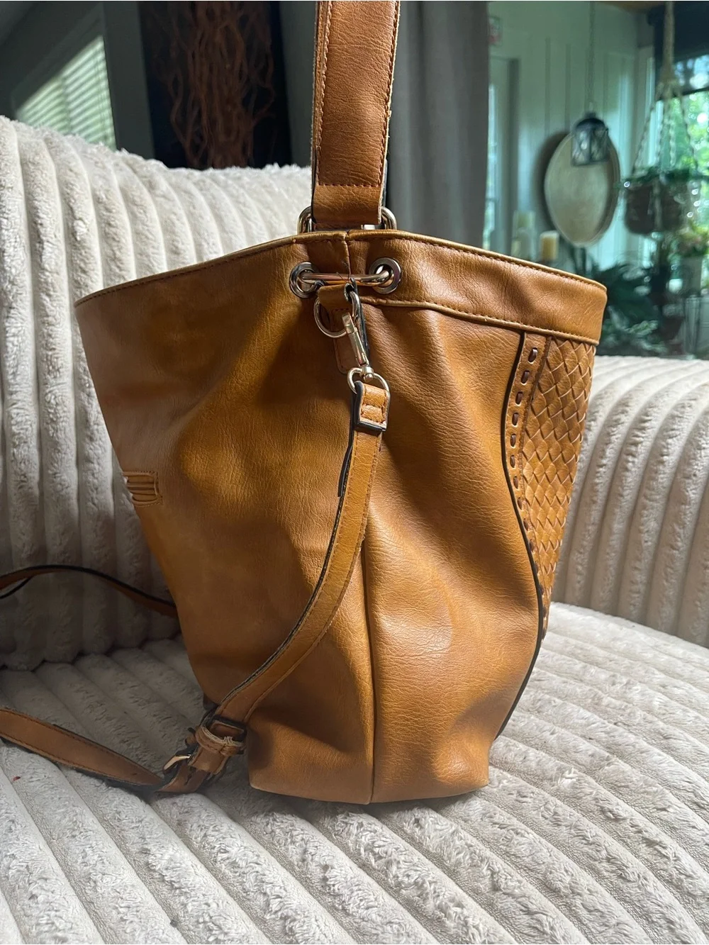 Vilenca Holland Woven Leather Convertible Backpack Shoulder Bag Cognac